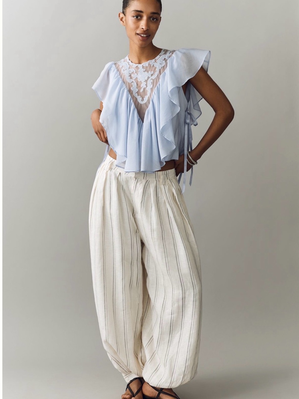 Light Blue Lace-Trim Flutter Sleeve Top - Picture 4 of 6